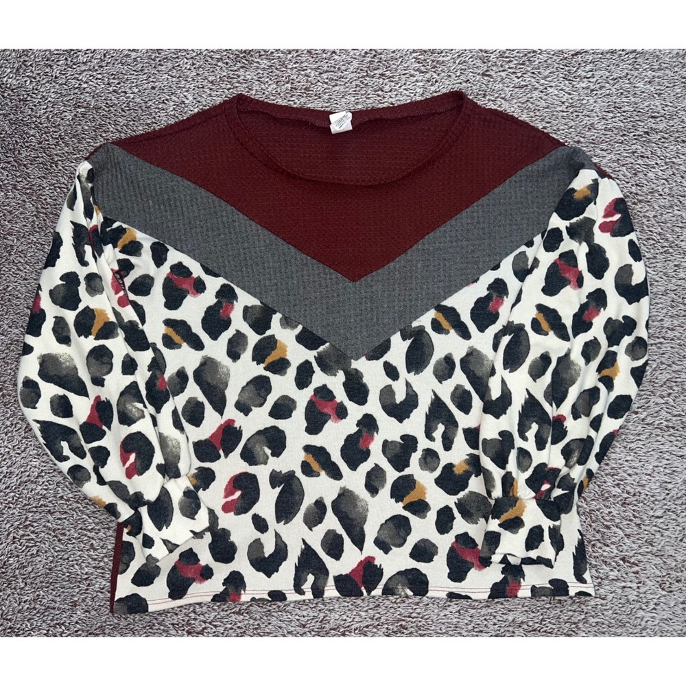 7th Ray Womens Small Leopard Colorblock Waffle Knit Bishop Sleeve Top USA